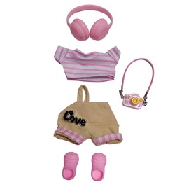 15-17cm Doll Clothes - Luxury Chic Style Set for 17cm Dolls, Premium Doll Outfit with Accessories-Khaki Rompers + Pink Striped T-Shirt + Shoes + Headset + Camera