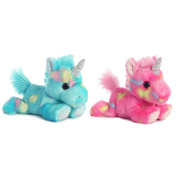 Aurora Bundle of 2 Stuffed Beanbag Animals - Blueberry Ripple Unicorn & Jelly Roll Unicorn, Blue/Pink, Multicolor
