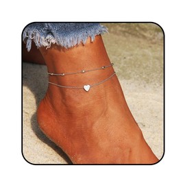 Chaioe Boho Double Anklet Silver Heart Ankle Bracelets Beaded Foot Chains for Women and Girls (Silver)