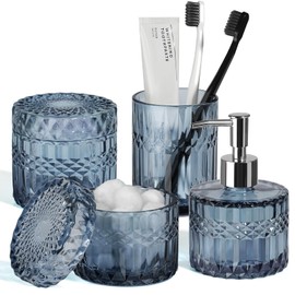 RACOBOT Blue Bathroom Accessories 4Pcs, Diamond Glass Bathroom Accessory Set, Bathroom Set with Soap Dispenser, Blue Bathroom Decor with Toothbrush Holder, Qtip Holder for Bathroom, Countertop