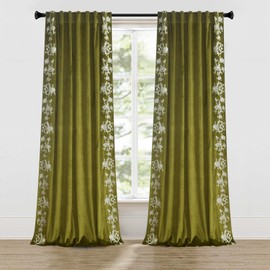 Roslynwood Luxury Velvet Olive Green Curtains Back Tab 96 Inches Long, White Flower Embroidered Olive Curtains Farmhouse Country Panels, Window Drapes for Living Bedroom, 52W x 96L Inch, 2 Panels
