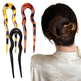 3 Pcs U Shaped Hair Pins French Style Hair Stick, 2 Prong Updo Chignon Pins Hair Fork Tortoise Shell, U-shaped Hair Pins, Elegant Hair Styling Pin for Women Girls Hairstyle Accessories