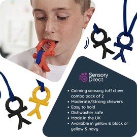 Sensory Direct Chewbuddy Tuff Stickman - Pack of 2, Strong Sensory Fidget Toy, Chew or Teething Aid | for Kids. Adults, Autism, ADHD, ASD, SPD, Oral Motor or Anxiety Needs - Blue & Yellow