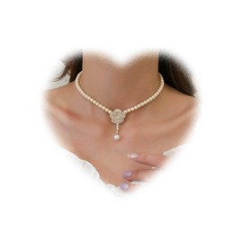 W WEILIRIAN Boho Crystal Flower Pendant Necklace Pearl Choker Necklace Black Camellia Necklace Chain Vintage Pearl Beads Necklace Jewellery for Women and Girls Gifts, Metal