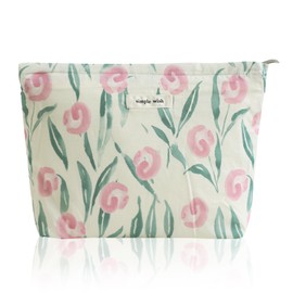 Wudygirl Cute Makeup Bag for Women - Travel Cosmetic Bag with Zipper Makeup Pouch Floral Make up Organizer Handbag Aesthetic (White Tulips)