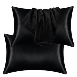 DuShow 2 Pack Silk Satin Pillowcases for Hair and Skin, Solid Silky Standard Pillow Cases with Envelope Closure,Black 50x76 cm