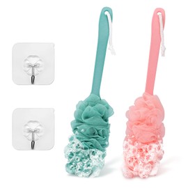 2Pack Back Scrubber for Shower Loofah with Long Handle, 17″ Loofah on a Stick for Men Women Bathing Accessories, Body Scrubber Sponge for Exfoliating Bath Brushes (Pink & Green)