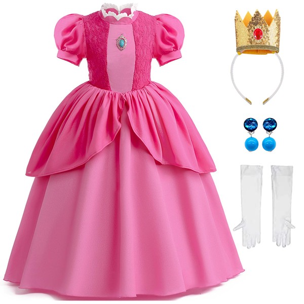 TYHTYM Princess Peach Costumes Little Girls Super Brothers Cosplay Dress Up Fancy Halloween Birthday with Crown Gloves (Hot pink, 3-4 T)