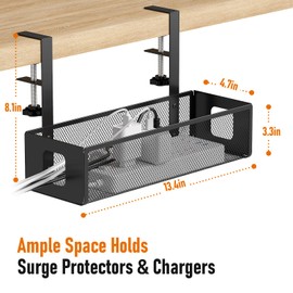DELAMU Under Desk Cable Management Tray - Cable Management Tray No Drill with Clamp Design, Non-Slip & Sturdy Wire Organizers for Cords for Home Office - No Damage to Desk, Black