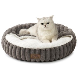 COZY KISS Cat Bed with Hooded Blanket, Round Fluffy Anti-Anxiety Pet Bed for Cats/Small Dogs, Cozy Donut Cuddler with Machine Washable Faux Fur & Anti-Slip Bottom(23"23"6",Grey)