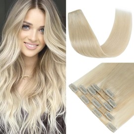 S-noilite Clip in Hair Extensions Real Human Hair Platinum Blonde, 5Pcs 12 Clips Remy Natural Hair Extension Seamless Clip in Hair Extensions for Women 16 Inch(60g)