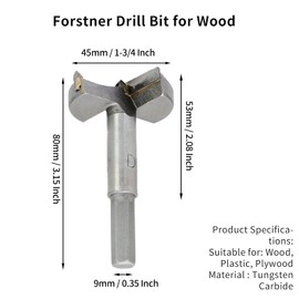 Cjueiom 45mm / 1-3/4 Inch Forstner Drill Bit, Tungsten Carbide Wood Hole Saw Auger Opener Hole Drilling Boring Bit Cutter, Woodworking Hole Opener Hinge Hole Cutter for Wood, Plastic, Plywood