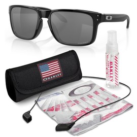 Oakley OO9102 HOLBROOK Square Sunglasses for Men - High Bridge Fit - USA Flag Cleaning Kit and Leash - PREMIUM BUNDLE, (E1) Polished Black/Prizm Gray Black Iridium | 57mm