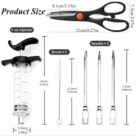 Meat Injector Syringe Kit, 1 Oz/30 ml Large Capacity Injector with 3 Marinade Needles, 1 Cleaning Brush and 1 Scissors, Marinade Injector Needles for BBQ Grill Smoker & Turkey & Brisket