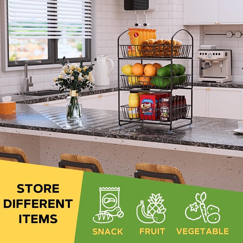 3 Tier Wire Baskets with 2 Banana Hangers, Detachable Countertop
