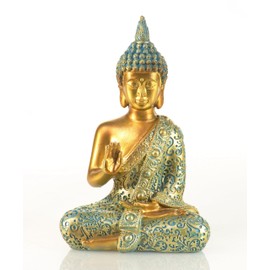Schneemann-Versand Buddha Figurine Gold & Mint (15 cm) - Spiritual Decorative Artificial Stone Statue for Meditation, Yoga & Mindfulness