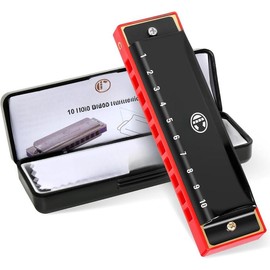 Blues Harmonica for  Adult Beginners 10 Hole Diatonic Harmonica Key of C, Metal Mouth Organ C Key Brass Reed Blues Harp with Case, Red - Color: Black, Size: C key (Beginner Series)