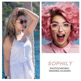 SOPHILY Photochromic Reading Glasses for Women Men, Womens Mens Full Reading Sun Glasses Variable Tinted Readers Grey Color Lens Pink Frame, +1.75