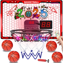 Awsoo Basketball Hoop Indoor for Kids，Mini Basketball Hoop with Colorful Light Bar，Scoreboard& 4 Basketballs, Basketball Toys Gifts for 3 4 5 6 7 8 9 10 11 12 Year Old Boys Girls (Red)