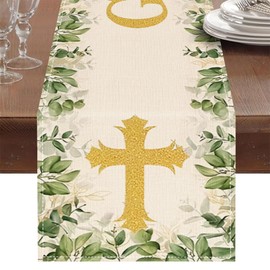 Christian Cross Burlap Table Runners for Table Dresser Runner Farmhouse Style for Dinner Party Holidays Home Faith Decoration