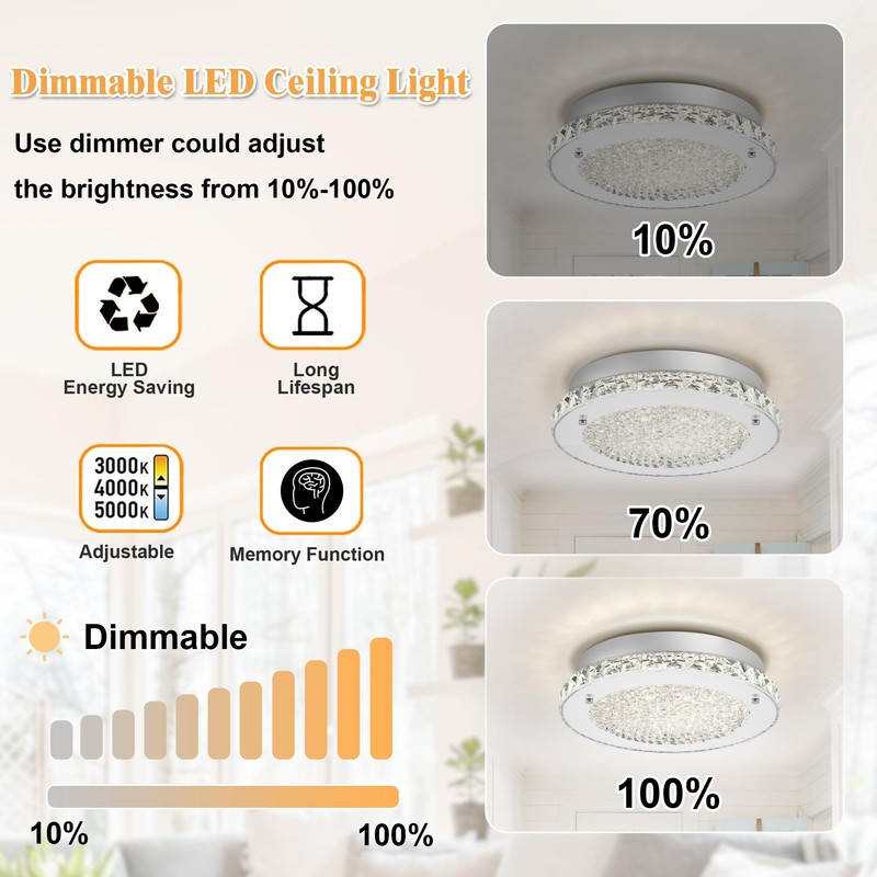 DHK wot Crystal Flush Mount Ceiling Light 3000/4000/5000K Modern Crystal