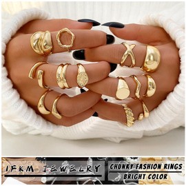 TELAIN 14-Piece Golden Chunky Rings Set for Women, 14k Gold-Plated Thick Dome Rings, Stackable Open Rings, Trendy Minimalist Jewellery, Gift Idea