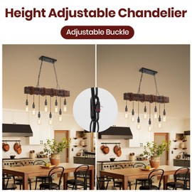 SEEBLEN 8-Lights Farmhouse Kitchen Island Pendant Light, Rustic Wood Chandeliers for Dining Room,Height Adjustable Island Light,Dining Room Bar Restaurant Cafe Pool Table.