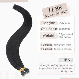 TESS Nano Ring Hair Extensions Real Human Hair Nano Beads Tip Included #01 Jet Black - Cold Fusion 50 Strands 35g - 20 Inch