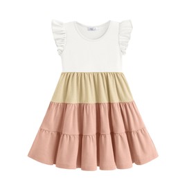 Arshiner Toddler Dress Girls Summer Ruffle Sleeve Tiered Swing Midi Casual Sundress with Pockets Little Kid White & Pink 6-7 Years