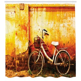 Ambesonne Bicycle Shower Curtain, Vintage Bike in Front of a Rusty Dirty Cracked Broken Brick Wall Lifestyle Photo, Cloth Fabric Bathroom Decor Set with Hooks, 84" Long Extra, Sepia