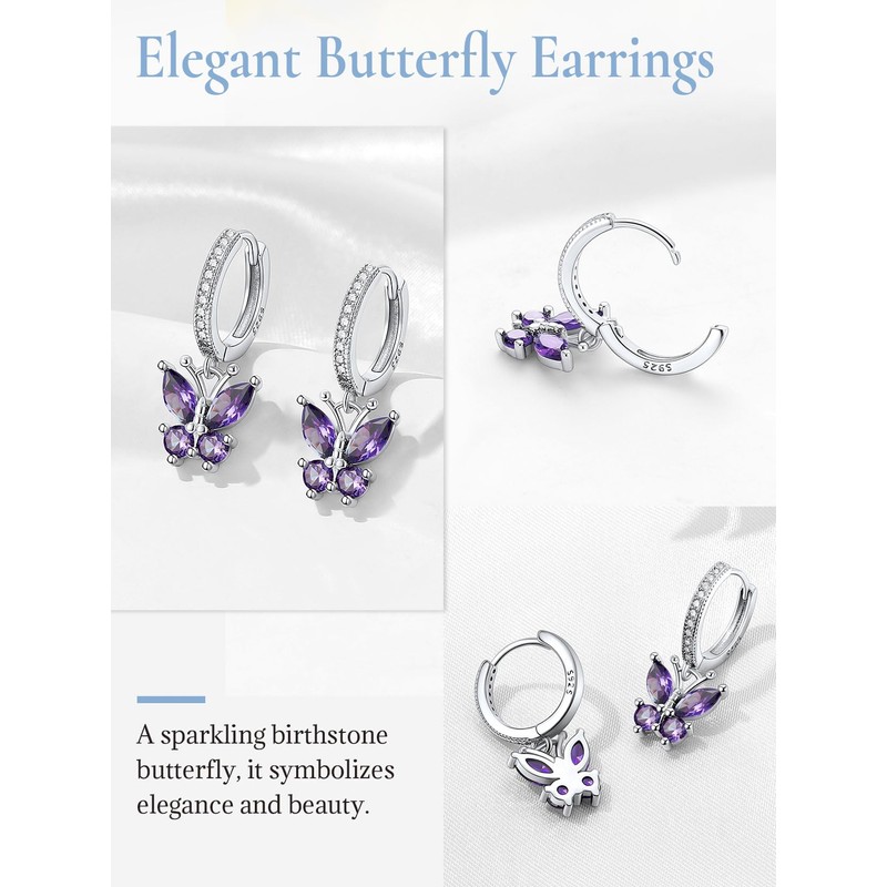 Birthstone Butterfly Hoop Earrings - 925 Sterling Silver February Birthstone