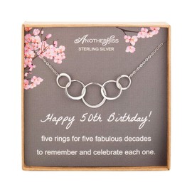 AnotherKiss 50th Birthday Gifts for Women, Sterling Silver 5 Circle Necklace for Her, 5 Rings for 5 Decades Jewelry Gift Ideas