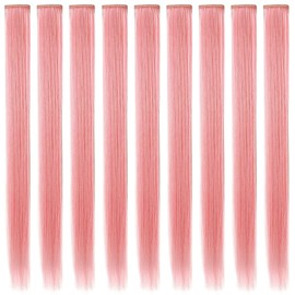 MQY COLOR 9PCS 21''Smoke Pink Hair Accessories Wig Pieces Clip in Colored Hair Extensions for Girls Party Highlights Synthetic Long Straight Colorful Hairpieces for Girls Women(Smoke pink)