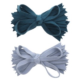 Teal & Denim Felt & Wool Strips Hair Bow Clip Girls Small - Set of 2