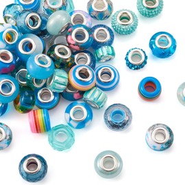 PandaHall 54pcs Acrylic Resin Polymer Clay Rhinestone European Rondelle Beads Large Hole Spacing Loose Beads with Silver Core Fit European Blue