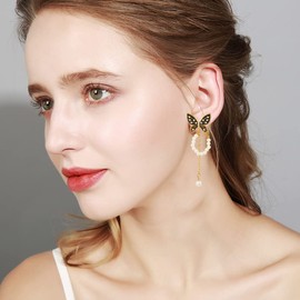 INENIMARTJ Charm Butterfly Hoop Earrings,14K Gold Silver Crystal Butterfly Drop Dangle Earrings for Women, Zinc, No Gemstone