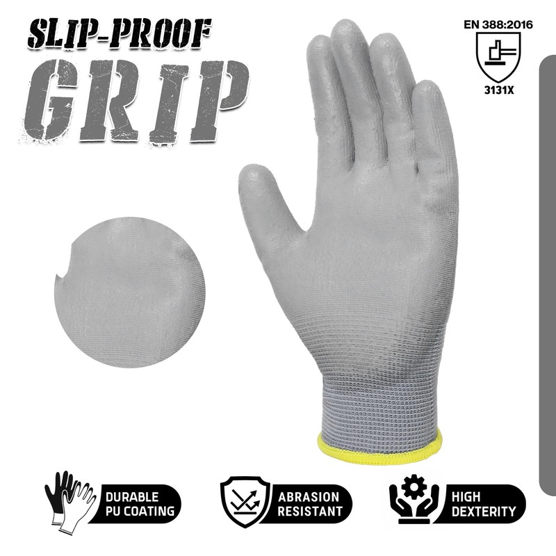 HANDLANDY 12 Pairs PU Coated Nylon Black Protective Work Gloves,