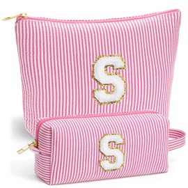 Fohufo Travel Cute Makeup Bag Set - Make up Cosmetic Bag for Women, Small Makeup Bag for Purse Makeup Kit | Pink Stuff Birthday Gifts for Women Travel Essentials (Pink Letter S)