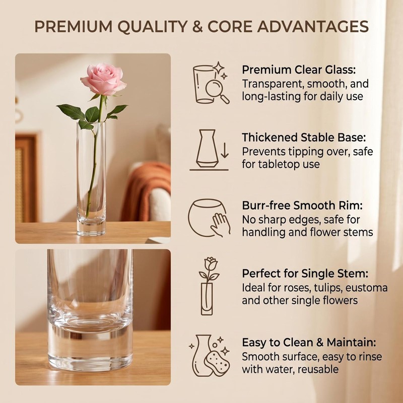 6.9 Inch Tall Clear Cylinder Glass Vase Single Stem Bud
