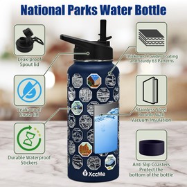 XccMe National Parks Water Bottle with Stickers,32 oz Insulated Stainless Steel Water Bottle with 2 Lids,Straws,Silicone Boot,Waterproof Stickers,Travel Vacuum Sealed Water Bottle,Leak Proof