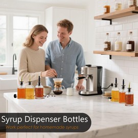 Simple Syrup Bottles Set of 6, Glass Coffee Syrup Dispenser Bottles 7 OZ With Metal Pour Spout, Labels and Stopper, Glass Syrup Dispenser for Maple Honey Syrup Oil and Sauces, SC060