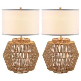 VILUXY Woven Rattan Table Lamps 2 Packs Plug-in Boho White Fabric Shade Bedside Light Farmhouse Nightstand Lamp for End Table Living Room Bedroom Entryway