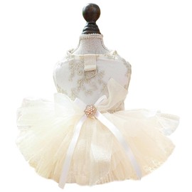 ANIAC Embroidered Dog Dress for Small Dog,Girl Puppy Princess Tutu Dress with Leash Ring,Cat Apparel,Chihuahua Yorkie Clothes for Birthday Wedding (Medium, Champagne)