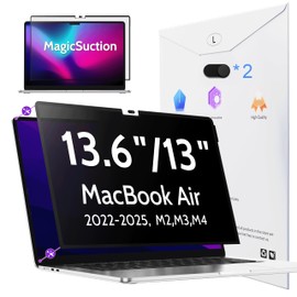 Peslv Privacy Screen for MacBook Air 13.6/13 Inch (2022-2025, M2, M3, M4) - A2681, A3113, A3240 MagicSuction™ Removable Anti Spy Black Protector, Glare Blue Light Filter for Mac Laptop Computer