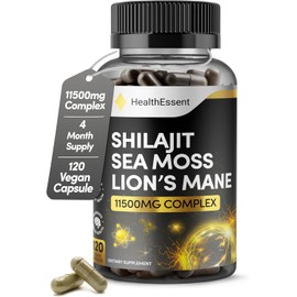 Sea Moss Shilajit Lion Mane 3 in One, with Added Ashwagandha and Black Pepper, 11500mg Superfood Blend for Vitality & Immunity, Energy and Brain Health - 120 Vegan Capsules by HealthEssent