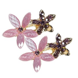 2 x Small Hair Clips Flowers Metal Rhinestone & Acrylic Hair Purple/Violet/Gold 5086