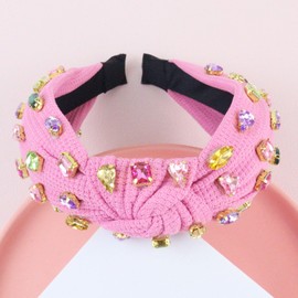 Brihasory Sparkle Rhinestone Knotted Headbands for Women and Girls Crystal Jeweled Headband Fashion Mardi Gras Accessories Party Prom Carnival Valentines Headwear Wide Headband Hair Hoop(Pink)