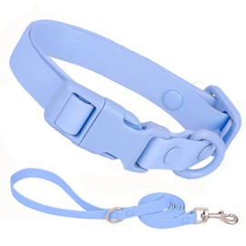 Light Blue Plastic Dog Collar and Leash Set, Silicone Rubber Puppy Collar PVC Washable Quick Release Buckle Water Swim Waterproof Dog Collars for Small Medium Large Pet Male Female Dogs, S