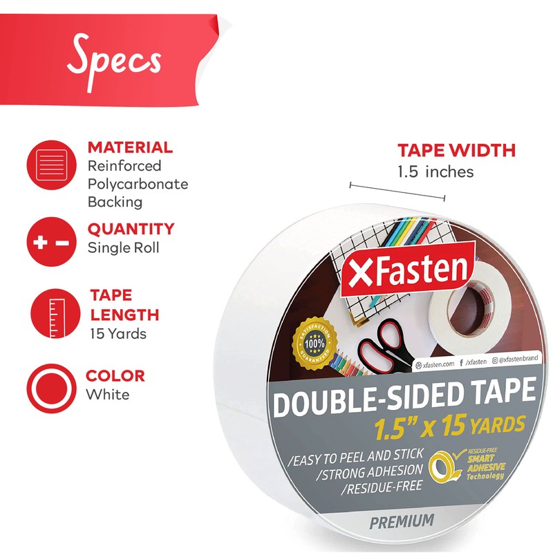 XFasten Double Sided Tape, Removable, 1.5-Inch by 15-Yards, Single Roll,