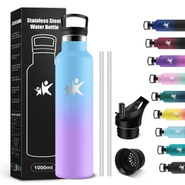 KollyKolla Thermos Flask, 1 Litre, Suitable for Carbonated Drinks, Stainless Steel Drinking Bottle with Straw, Thermos Flask, BPA-Free, Insulated Flask, Leak-Proof, for Office, Camping, Bike, Fitness